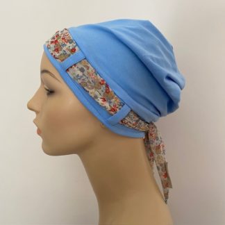 Landa Turban with Scarf - Sky Blue - Rust and Blue floral scarf - A CANSA smart choice product